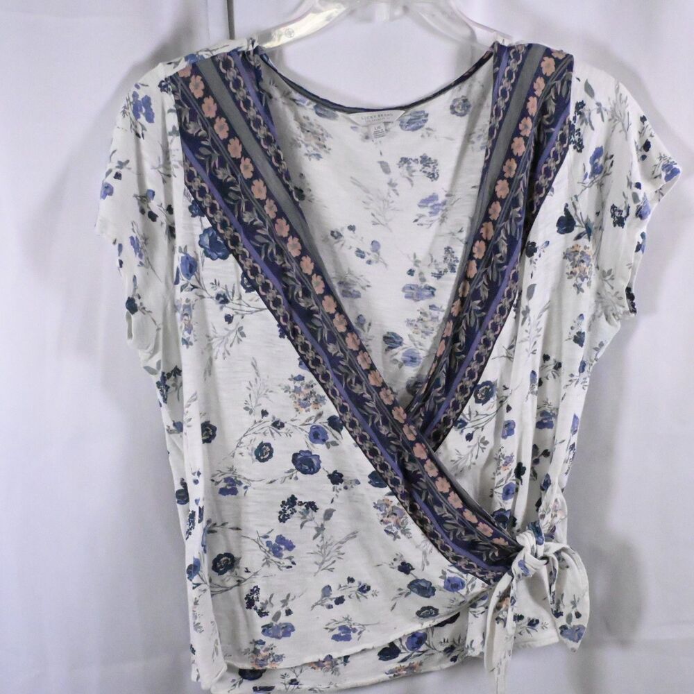 Lucky Brand White Purple Floral Wrap Cropped Blouse Womens‎ Large Boho